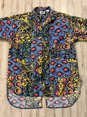 Gitano Short-Sleeve Printed Button-Up Shirt - Blue Multicolor Medium Slight Flaw